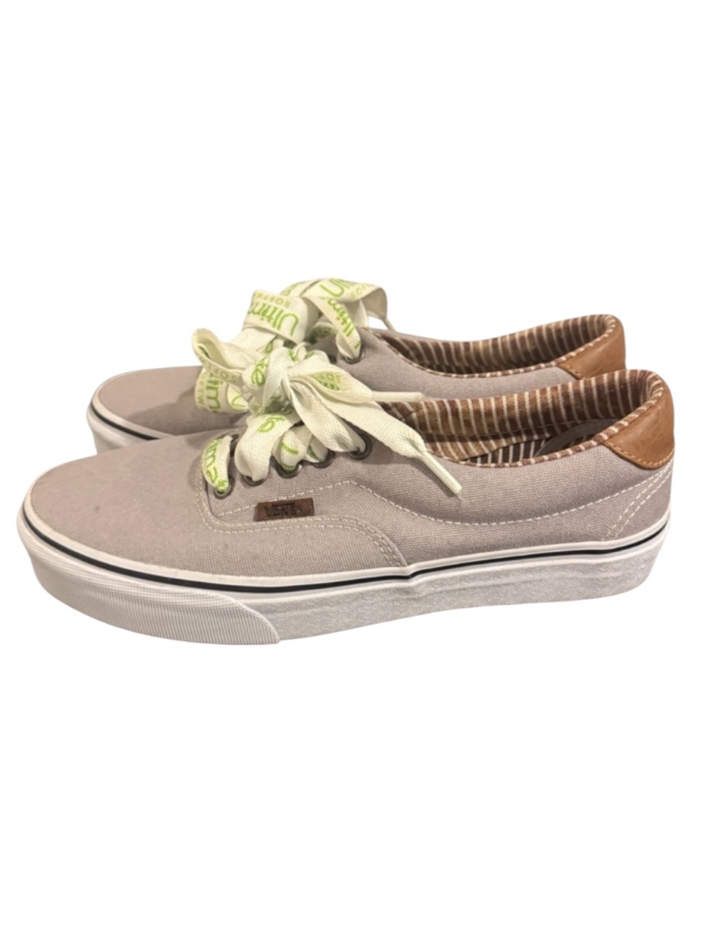 Vans Era Canvas Sneakers Grey Tan Leather Detail Ribbon Laces Low Top